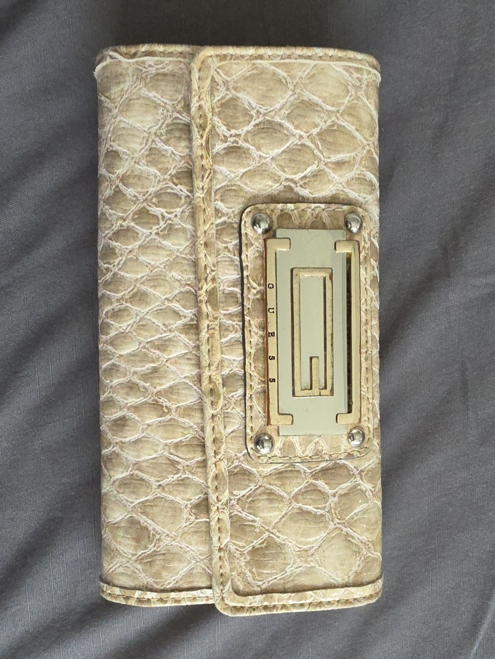 Guess Beige Croc-Embossed Key & Card Holder with Gold Hardware